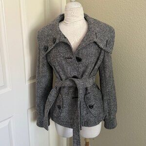 Halogen Black & White Wool-Blend Crop Belted Peacoat Jacket Blazer M
